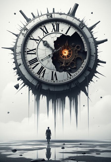 A colossal, floating clock hovers in an endless white void, its surface cracked and worn as if eroded by time itself. The clock hands move erratically, sometimes stopping, reversing, or speeding up. Ethereal, glowing symbols flicker around its edges, hinting at an ancient mechanism beyond human understanding. Pieces of the clock periodically break off and float weightlessly around it, frozen mid-air before disintegrating into dust. Below the clock, shadowy tendrils drip downward, as if reality itself is melting away. The composition is both grand and surreal, evoking a sense of time unraveling in an infinite, empty expanse.