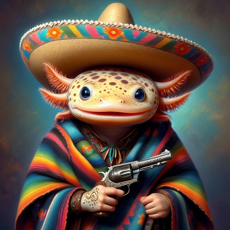 (masterpiece:1.5)  <lora:Axomodel XL:0.7> 4xolotl, portrait of axtolotl wearing sombrero and poncho, holding ornate heirloom revolver, posing, proud facial expression,  stylized digital painting