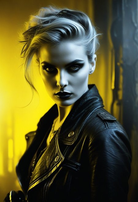 score_9, score_8_up, score_7_up, photo, Cinematic, dramatic lighting, ultra realistic, ultra detailed textures, colors: black, white, grey, yellow, an old factory, side view, rebellious 19 year old beauty woman, loose hair, her punk rock attire and edgy pose commanding attention. She has dramatic black makeup. She confidently holds a sword in each hand, she looks serious, looking at the viewer with a sinister intent as she stands front and center, bathed in yellow light, accentuates her striking features. 
Ben Bauchau, Michael Garmash, Daniel F Gerhartz, Clint Cearley, Carne Griffiths, Jean Baptiste Monge, strybk style, warm dreamy lighting, matte background, volumetric lighting, pulp adventure style, fluid acrylic, dynamic gradients, bold color, illustration, highly detailed, simple, smooth and clean vector curves, vector art, smooth, johan grenier, character design, 3d shadowing, fanbox, cinematic, ornate motifs, elegant organic framing, hyperrealism, posterized, masterpiece collection, bright lush colors, TXAA, penumbra, alcohol paint, wet gouache, ultrarealistic, film grain, surreal, moody, ethereal fantasy, amazing depth, cinematic film still, sharp focus, (James Christensen),bohemian,Boho gypsy, Gustav Klimt, (Anne Bachelier:1.2), (Lillian Bassman, Erwin Blumenfeld),shabby chic,, 1920s retrofuturism, industrial, art deco, coherent, (Dieselpunk:1.3)