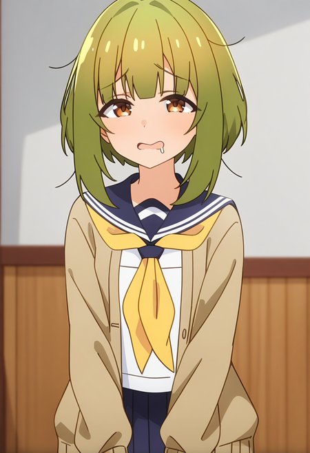 masterpiece, best quality, absurdres, very aesthetic, aesthetic, 1girl, ct_bashame, brown cardigan, puffy sleeves, serafuku, blue sailor collar, yellow neckerchief, blue miniskirt, shiny skin, indoors, looking at viewer, cowboy shot, drool, <lora:Bashame_Meme_XL_ct:0.9>