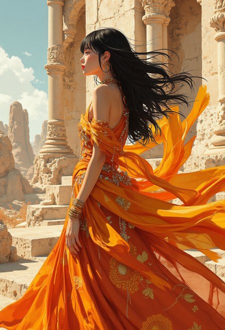 A mesmerizing fashion portrait that channels the mysticism of lost empires and the elegance of contemporary design. The model is adorned in flowing fabrics that evoke the ceremonial garb of tribal chieftains, intertwined with futuristic metallic accents. Her gaze is distant, as if communing with spirits beyond the veil. The setting is a fusion of primal landscapes and minimalist architecture, where ancient totems stand alongside geometric silhouettes. The overall image is a dance between the sacred and the sophisticated, the primal and the polished. The artwork emphasizes clean lines, smooth curves, and sleek contours, with bold outlines, crisp shapes, and sharp edges. It is designed in a fashion editorial style, merging high fashion with a trendy, stylish, and professional look.<lora:Midjourney_Whisper_Minimal:1>,