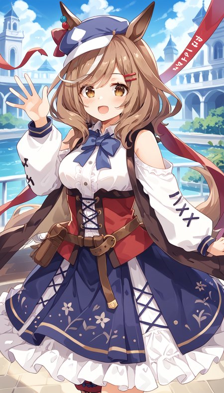 score_9,score_8_up,score_7_up,official art,masterpiece,high quality,megami magazine,official style,game cg,ao banana,
1girl,
mkt race, matikane tannhauser (umamusume),
animal ears, belt bag, blush, bow, brown hair, cabbie hat, ears through headwear,
hair ornament, hairclip, hat, highres, horse ears, horse girl, horse tail,
medium hair, multicolored hair, streaked hair, tail, white hair,
belt, brown eyes, clothing cutout, shoulder cutout, boots,
ribbon, yellow eyes, blue headwear, dress, ear piercing, piercing,
belt buckle, buckle, hair between eyes, blue bow, blue hat,
collared shirt, long sleeves, puffy long sleeves, puffy sleeves,
shirt, white shirt, bare shoulders, blue skirt, frilled skirt, frills, skirt,
bowtie, brown footwear, corset, frilled dress, socks, ear ornament,
blue bowtie, belt pouch, pouch, bangs, eyebrows visible through hair,
center frills, tilted headwear,  two-tone hair, waving, detached sleeves,
brown jacket, jacket, sleeveless, sleeveless jacket,
long dress,
standing,<lora:umamusume_matikane_tannhauser_pony_v1:1>,