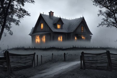 RAW photo, (masterpiece:1.3), subsurface scattering, heavy shadow, (high quality:1.4), (intricate, high detail:1.2), professional photography, HDR, High Dynamic Range, realistic, ultra realistic, photorealistic, high resolution, film photography, ambient lighting, atmospheric effects, <lora:detail_slider_v4:2>, OverallDetail, sinister and dark fantasy farmhouse, fields, fence, RAIN, fog, fantfa, <lora:FantasyFarm:1>