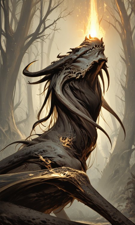 A digital painting of a dark eerie forest with a large menacing horned dragon-like creature looming over a small glowing light sourc, masterpiece, fine details, dynamic <lora:- iLL - PdJ_highres_counterweight _V1.0-step00007000:.8>,   <lora:- iLL - vl_abstractbrush_finished_V1.0:1>