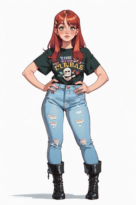 <lora:RealMix23:1>, score_9, score_8_up, score_7_up, score_6_up, score_5_up, rating_questionable, source cartoon
1girl, pretty face, pretty eyes, detailed eyes, HD eyes, thick thighs
hands on hips, standing, cowboy shot
looking at viewer, blush, eyebrows, long hair, red hair, green eyes jeans, green t-shirt, boots, high waisted jeans
simple background, white background