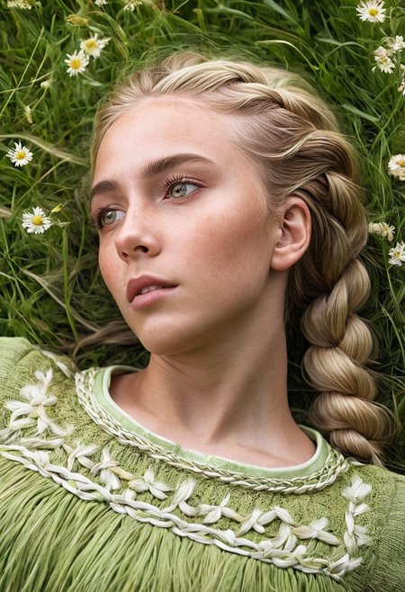 Hyperrealistic art High-definition portrayal, ((ultra-dynamic angle)) ((blonde girl with intricate detailed braids)), reclined and basking in the radiant beauty of a blooming meadow