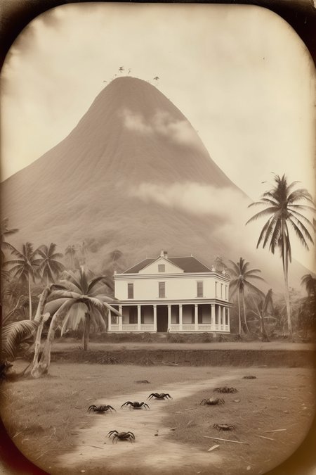 <lora:Albumen Print:1>Albumen Print - 19th century dagherrotype of a colonial house with palms and a tropical landscape in the background, in first term there are some crabs on the ground, calm mood, sunny day, a volcanoe fog can be seen in the far backgrund behind some hills, old photo, photography, vintage