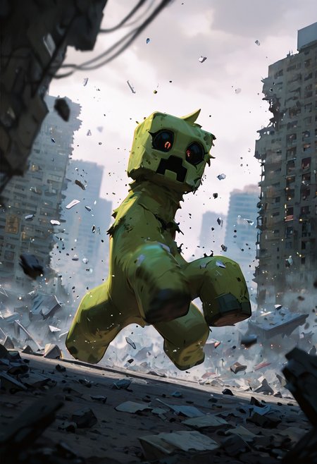 masterpiece, best quality, amazing quality, very aesthetic, absurdres, newest, , detailed background, 
 movie scene, cinematic scene, cinematic, foreground blur, depth of field, 
crpr, no humans, full body, pokemon (creature), open mouth, black sclera, black mouth, green skin
in city, destroyed city, shattered buildings, chaos, floating particles,