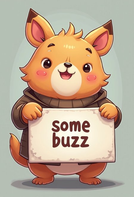 cute animal holding a sign " some buzz  ", anime style