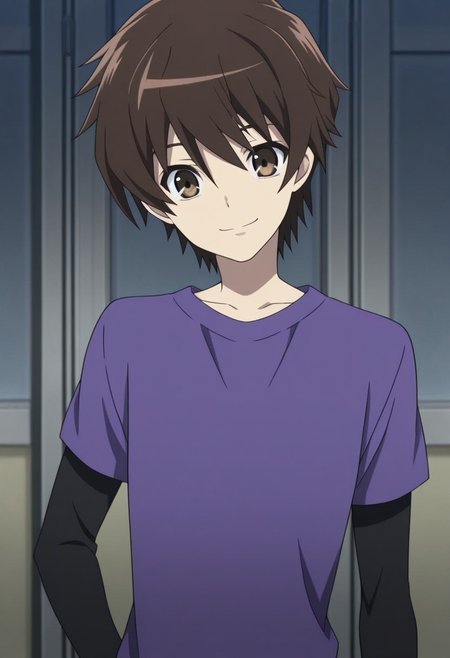 masterpiece,best quality,amazing quality, source_anime,
KoichiSakakibara, 1boy, male focus, solo, brown eyes, brown hair, shirt, purple shirt, short over long sleeves, black sleeves, smile