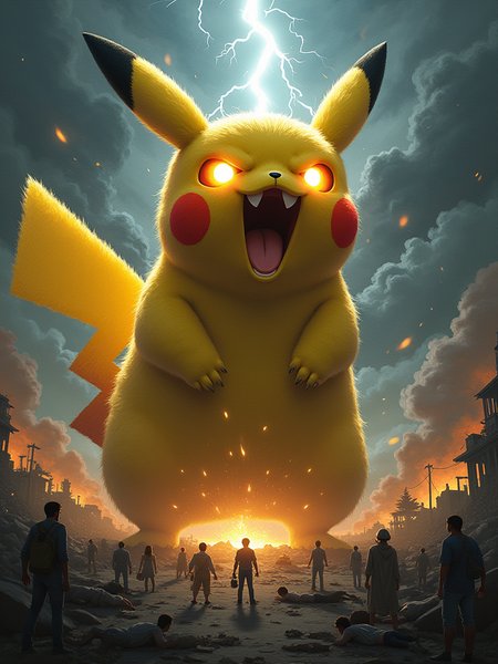 Concept for a Dramatic Image: "Furious Pikachu in a Post-Apocalyptic Scene"
Character Choice:
Imagine Pikachu transformed into a massive, furious creature, embodying both power and rage amidst a chaotic, dark atmosphere.

Composition:

Heroic Angle: Use a low-angle perspective to emphasize Pikachu’s towering presence, making it look like a colossal force of nature.
Facial Features:

Furiously Angry Expression: Pikachu’s eyes should burn with fury, glowing bright yellow against the dark backdrop. Its mouth should be wide open in a fierce roar, showcasing its tiny teeth and the intensity of its rage.

Charged Cheeks: The cheeks should be crackling with electricity, glowing ominously as if ready to unleash a devastating attack.

Dark Theme with Apocalypse Vibes:

Background: Create a dark, stormy sky filled with swirling black clouds and flashes of lightning, reminiscent of an apocalyptic scenario. The atmosphere should feel heavy and foreboding.

Falling Debris: Add elements of destruction, like crumbling buildings or shattered trees in the background, enhancing the sense of chaos and despair. Dust and ash can fill the air, contributing to the dark ambiance.

Electric Elements:

Lightning Strikes: Surround Pikachu with dynamic bolts of lightning, striking down from the sky. The lightning should illuminate the scene in stark flashes, creating dramatic contrasts and shadows.
Human Figures:

Tiny, Fearful Humans: At Pikachu’s feet, depict a group of tiny humans, huddled together in fear. Their faces should reflect terror and disbelief, emphasizing their vulnerability against the giant creature.

Dynamic Poses: Some humans can be shown falling to their knees, while others look up in horror, their bodies trembling. This adds to the sense of impending doom.

Overall Mood:
The image should evoke a powerful mix of anger and despair, showcasing Pikachu as a formidable force in a world on the brink of destruction. The combination of its fierce expression, the dark, apocalyptic theme, and the terrified humans at its feet will create a striking and unforgettable scene that captures the essence of a world facing its end.
