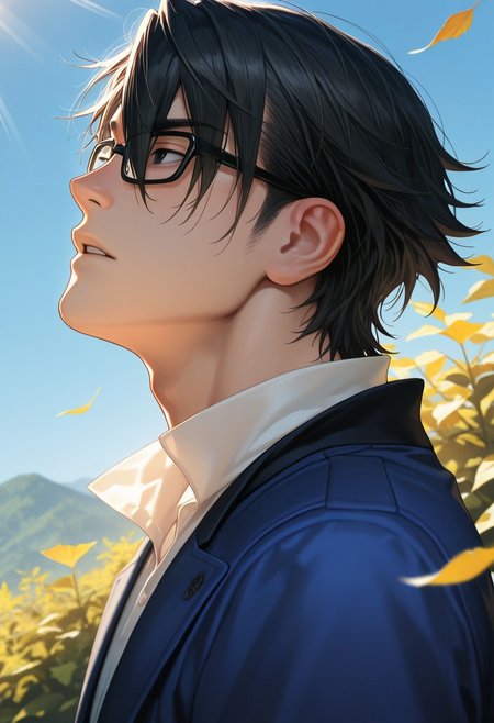 masterpiece, best quality, amazing quality, absurdres, newest, detailed background, definition so sharp, Ultra-HD, 8K cinematic, very awa, impressionate, amazing quality, highres, d10w21ll,
solo, male focus, manly, mature male, bara, day, blue sky, outdoor, sunbeam, windy, flying leaf, 
1boy, short hair, glasses, saruhikofushimi, saruhiko_black hair, saruhiko_black eyes, blue coat, collared shirt, side view, looking far away,
calm expression, parted lips, depth on field, upper body, focus on scene