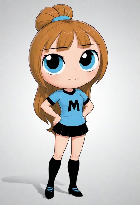 Score_9, (ppg), masterpiece, best quality, a ppg woman, powerpuff girl style, green blue eyes, blue shirt, long hair, brown hair, tied hair, bubbles, cartoon, cute, superhero, stylish letter M on the t-shirt, simple background, modernism, black pantyhose, smiling, looking at viewer