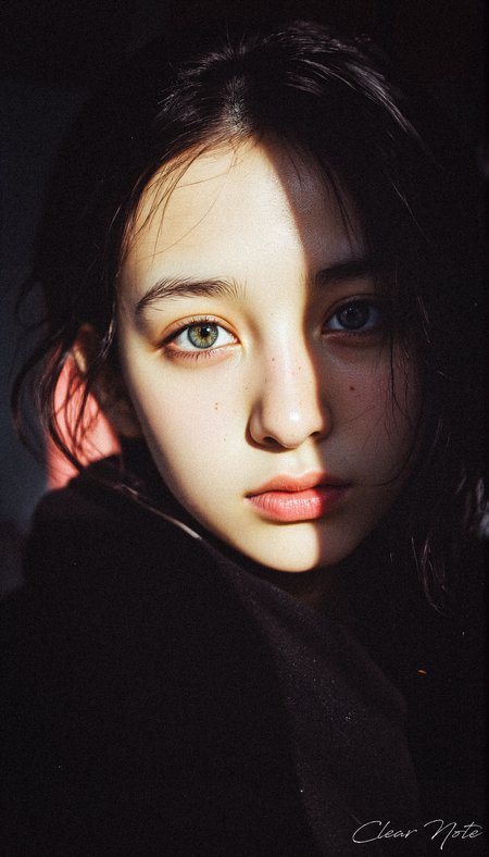 A girl staring at you from the darkness. Striking eyes.