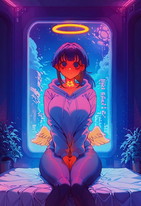 score_9,score_8_up,score_7_up,score_6_up, 1girl, 
 sitting in bed next to a large window, hands between thighs, wearing croptop hoodie, black croptop hoodie, long hair, black hair, blue strip in hair low ponytail hairstyle, angel, angelic girl, white wings, halo, glowing halo, black eyes, <lora:DetailedEyes_V3:1> <lora:add_detail:1>, pov from the side, sitting on the bed, hoodie, plants on the windowsill, looking out the window, looking away from viewer, background through window is vast space, galaxy background, wearing tights, leggings, black tights, thighs, night time, cyberpunk city view out of the window, neon light, purple neon lights, raining outside, heaving rain outside, girl is dry, no rain inside