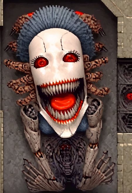 Expressive, score_9, score_8_up, masterpiece, 1 woman, solo, machine woman, horror, long sharp metal claws, stepford wife, beautiful woman, machine skin, jagged teeth, exaggerated smile, dark room, flickering light, detailed background