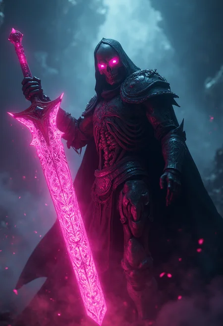 cinematic film still, menacing skeletal figure in ornate dark armor. The skull-faced warrior wields a massive, glowing pink sword. The armor has sharp, angular patterns, and the skull's eyes glow vivid pink. The figure's dark, billowing cloak blends with the surrounding shadows. The background is dark blues and blacks with swirling, ethereal shapes and streaks of neon pink light. The glowing pink sword with intricate designs stands out against the dark surroundings. The composition is dynamic, focusing on contrast, texture, and lighting to create an eerie, otherworldly atmosphere. shallow depth of field, vignette, highly detailed, bokeh, moody, epic, gorgeous, film grain, grainy