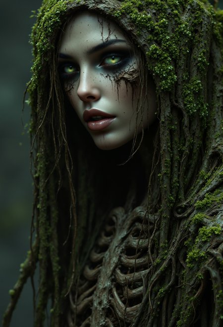 Avant garde, portrait of an 18-years-old girl, fair skin, dirt lipstick, green-gray eyes. 
Her hair is long, made of green grass.
A symmetrical mask made of dirt around her eyes.
Her body, from the neck down, is a skeleton made of intricate twigs
her body is emerging from a tree trunk