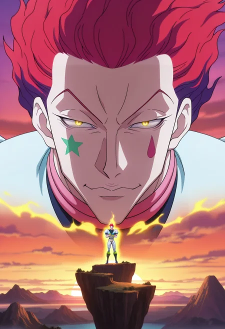 masterpiece, best quality, , anime screencap, anime coloring, official style, , 1boy, solo, male focus, <lora:hisoka_morow_ilxl:0.9>, hisoka_morow, red hair, yellow eyes, , cliff, valley, floating island, waterfall, glowing crystal, mist, sunset, magic, mountain, panorama, triumphant pose, determined expression,