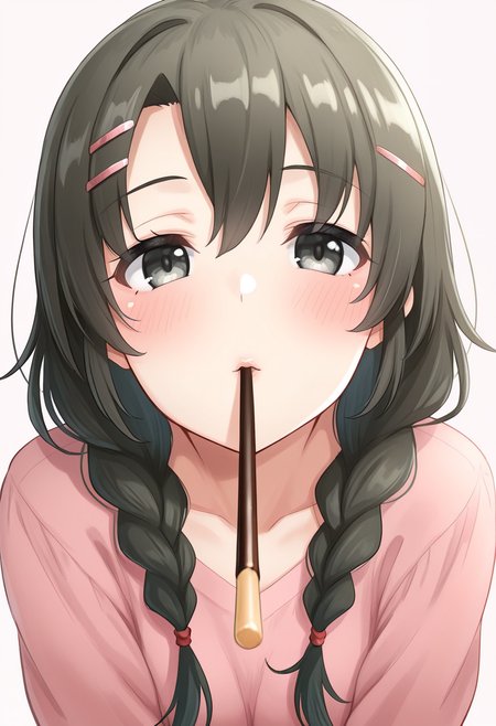 1girl, oregairumeguri, brown hair, long hair, twin braids, hairclip, black eyes, looking at viewer, cute, incoming pocky kiss,  <lora:Meguri_ill_v1:1>, masterpiece, best quality, high quality, detailed, absurdres