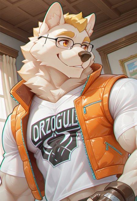 stefan, solo, furry, samoyed, smile, white fur, blond hair, amber eyes, muscular, manly, mature, dynamic angle, face focus, portrait, white print shirt, short sleeves, vest, open vest, glasses, white fingerless gloves, midriff, midriff peek, unparalleled masterpiece, best quality, amazing quality, high resolution, chromatic aberration, detailed background, indoors, detailed fur, detailed muscles, side angle