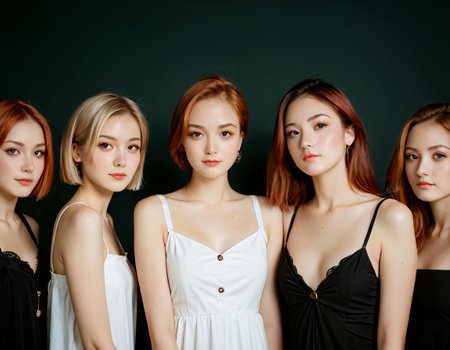 embedding:, score_9, score_8_up, score_7_up, (cute skinny blonde and brunette and redhead girls:1.3), (5girls), erotic, different faces, small waists, pixie cuts, realistic and detailed 1960s color documentary photography, dramatic film still