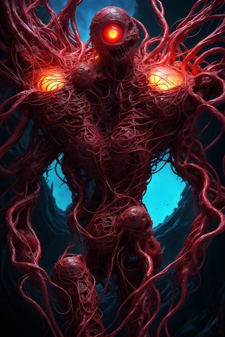 a cybermutant fleshmutant made of pulsating flesh and biomechanical limbs, fusion of flesh and machine, quivering tumors, fleshy growths, mutagenic, cybernetic hoses, wires, anime style, 2d, fighting game style masterpiece, best quality, ultra realistic, 32k, RAW photo, detail skin, 8k uhd, dslr, high quality, film grain,\nShort and messy hair, dynamic, vibrant, action-packed, detailed character design, reminiscent of fighting video games, black bloody veins growing and intertwining out of the darkness, oozing thick neon rainbow blood, veins growing and pumping blood, vascular networks growing, connecting, expanding, red veins everywhere, zdzislaw beksinski, (vibrant colors:1.1), (Infrared:1.2), Rust, Hypercube, ultra detailed, intricate, oil on canvas, ((dry brush, ultra sharp)), (surrealism:1.1), (disturbing:1.1), beksinski style painting, sparks, lens flare, rim lighting, backlighting, RTX, Post Processing, satanic cross, man body, muscular, venom costume, (japanese portal), death shadow nightmare ethereal beast, floating into the abyssal heights, nebula, cinematic, dreaming, Film light, bathing in light, very sharp focus, Hyper detailed, Hyper realistic, masterpiece, spiritual, surreal, atmospheric, maroon cream bronze, High resolution, Vibrant, High contrast, dark angle, 8k, HDR, 500px, dystopian
 <lora:ab0m1:0.6>, ab0m