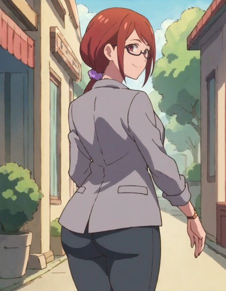 score_9, score_8_up, score_7_up, anime screencap, solo,1girl,nonosumire,  glasses, jewelry, necklace,  pants, jacket, purple scrunchie, semi-rimless eyewear, looking at viewer,watch,cowboy shot,medium breasts,wide hip,smile ,from behind,huge ass<lora:nonosumire:0.8>