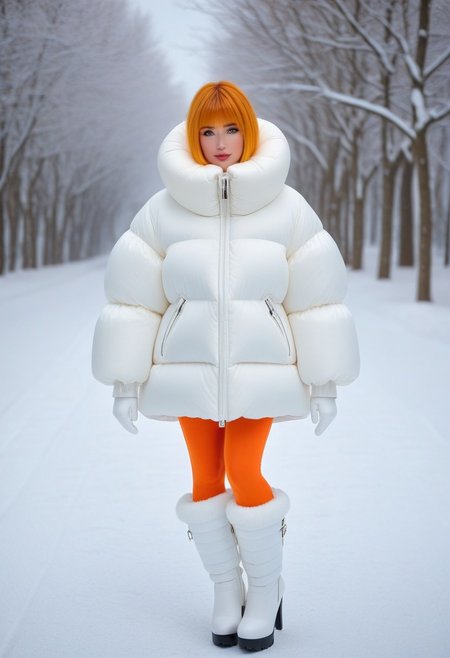 Thick down padded jacket, Thick puffer padded jacket, very cold, winter, snow, snowing, lumine (genshin impact), half-realistic, short hair, short hair with long locks, blonde hair, bangs, sidelocks, hair between eyes, yellow eyes/orange eyes, white gloves, fingerless gloves, thigh boots, white footwear, high heel boots, pressure cuffs, pressure collar, Thick padded cuffs, Thick padded collar, <lora:Collar-SDXL:0.6>, <lora:Cuffs-SDXL:0.6>, <lora:Puffer_Jacket_and_Down_Jacket_-_Extra_Puffy_Jackets:0.6>