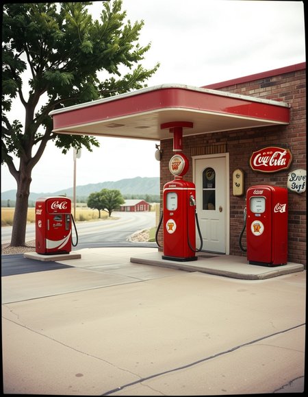 A realistic vintage photograph of a 1950s American gas station with no people present. The small brick building has a flat roof with a wide canopy extending over two classic red gas pumps from the 1950s, featuring chrome details, round meters, spiral hoses, and retro branding like "Texaco" or "Shell".The ground is old concrete with cracks and oil stains. Beside the station, there's a vintage Coca-Cola vending machine and a hand-painted wall sign that reads âDrive Safely!â. The sky is lightly overcast, casting soft shadows and a nostalgic mood. In the background, leafy trees, distant low hills, and an empty country road stretch into the distance. The photo has a slightly faded, desaturated color palette with warm vintage tones and a subtle grain, mimicking the look of 1950s Kodak film photography. The overall atmosphere is calm, quiet, and deeply nostalgic.
<lora:SDXLFaeTastic2400:0.4> <lora:extremely_detailed:0.4> extremely detailed, <lora:1950s_American_gas_st4t10n:1>,1950s American gas st4t10n, Masterpiece,best quality,hi res,8k,hi res,8k,award winning,(sharp focus, intricate, highly detailed),