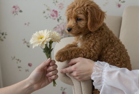 A detailed high photo. aidmafluxpro1.1, aidmarealisticskin,  Cinematic photograph, full body shot, view from back,clip_l.  cute little curly maltipoo, his paw with a bouquet and gives it to a big woman's hand, applique on white surface, 3d, quantum rendering, realistic, hyper-detailed, colorful, 50mm lens, professional photoshoot, full-hight scene viewt5xxl.  cute little curly maltipoo, his paw with a bouquet and gives it to a big woman's hand, applique on white surface, 3d, quantum rendering, realistic, hyper-detailed, colorful, 50mm lens, professional photoshoot, full-hight scene view<lora:aidmaFLUXPro1.1-FLUX-v0.3.safetensors:0.35000000000000003:0.35000000000000003> <lora:aidmaRealisticSkin-FLUX-v0.1.safetensors:0.35000000000000003:0.35000000000000003> <lora:AllTheWayAACups_rank16_bf16.safetensors:0.25:0.25> <lora:Eldritch_Photography_for_Flux_1.3.3.safetensors:0.25:0.25>