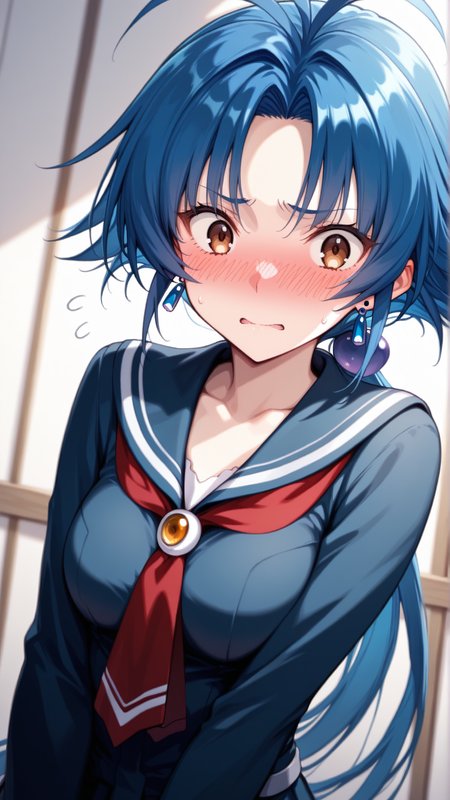 source_anime, general, best quality, masterpiece, 1girl,  <lora:Aria_Advance_ill_v1.1:1> aria_advance\(srw\), brown eyes, blue hair,medium breasts,long hair,low ponytail , jewelry,earrings,serafuku, flustered, (embarrassed:0.8),  dynamic pose, dutch angle,