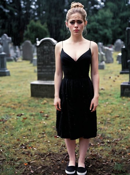 analog photograph of 1girl looking like Kristen_Sims_P_MXAI_SDXL , tearful sad expression, "ready-for-a-funeral", black dress, looking down, in a rainy graveyard at dusk, ((full body shot)),  PA7_Portrait-FL  filmgrain