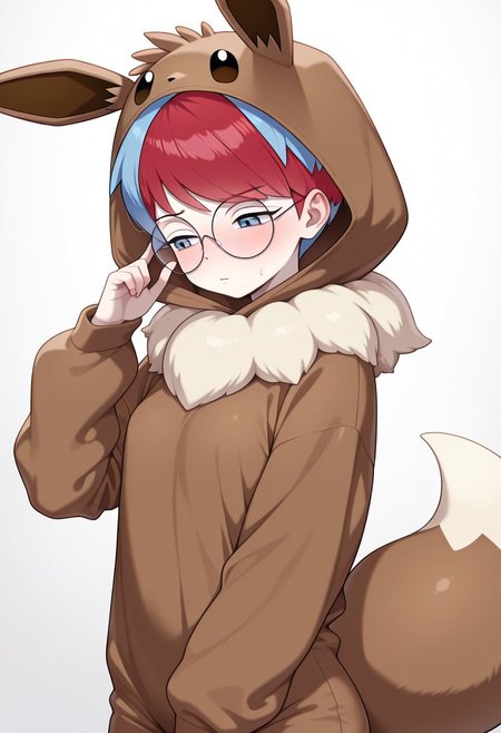 masterpiece, best quality, amazing quality, very aesthetic, absurdres, eevee cosplay, eevee (cosplay), cosplay, hood, hood up, long sleeves, kigurumi, animal ears, pokemon tail, tail, penny_\(pokemon\), 1girl, short hair, bangs, blue hair, red hair, multicolored hair, two-tone hair, glasses, round eyewear, grey eyes,