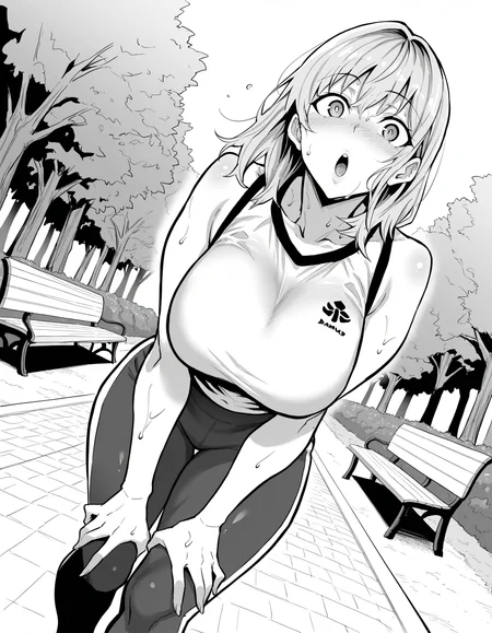 masterpiece, best quality, amazing quality, <lora:Dramus_-_Abukano-000008:0.8>, damusan0, monochrome, greyscale, 
1girl, medium hair, mature, sportswear, yoga_pants, looking at viewer, gasp, blonde hair, 
in summer, day, dynamic_angle, park, lawn, bench, path, cowboy shot, sweat, hands on own legs, from below, walking,