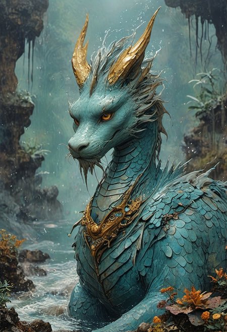 The composition includes water, The dragon's intricate scales and intelligent eyes convey a sense of wisdom and calm. They are surrounded by a misty, magical environment with a cool, soft color palette, evoking a feeling of peace and mysticism.  texture is clear, light refraction, corgi and water are not fuzzy, in hd, phone wallpaper size, hd, 32k minimalist alien race cybergoth fashion photography painting, in the style of teal and gold. in the background, tintricate stunning highly detailed,