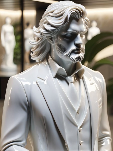 a statue of a man with a flowing hair <lora:ral-porcelain-sdxl:1> ral-porcelain