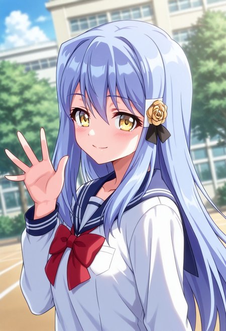 general,highres, ultra-detailed,very aesthetic,best quality ,best hands,best eyes,easynegative,
dynamic anglre, dutch angle, anime cloring,
1girl solo,looking at viewer,outdoors,school, smile,waving hand, 
Misaki Hayakawa,light blue hair, long_hair, yellow eyes, hair_ornament,school uniform