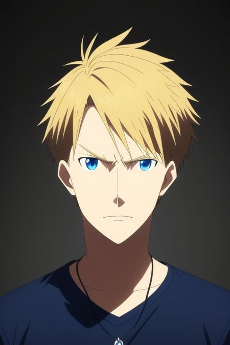 high resolution, solo, best quality, 1Boy, Yamato Ishida, Blond Hair, Blue Eyes, Necklace, potrait, dark shirt, looking at viewer, focused gaze forward, simple background, straight body, upper body, head upright, sadness, OverallDetail