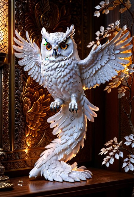 A photorealistic image of a majestic owl figure,
crystalstexture skin,(extremely delicate and beautiful), highly detailed, WhiteMold, art style, 3d printed mold, 
intricate details, dramatic composition, contrast, texture, realism, high quality, stunning art, film grain, volumetric lighting, detailed, 
background is cozy room,