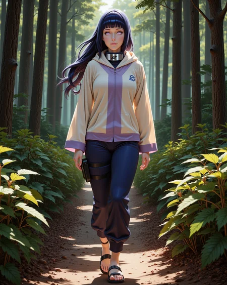 -looking at viewer, outdoors daylight, a 20 year old adult mature woman.
PhotoRealistic Style,  front view photo of.
<lora:Naruto_-_Hinata_v2-000030:1> n-hinata, purple eyes, blunt bangs, black hair wearing cream hooded jacket with lavender accents, navy blue pants, blue ninja sandals, Konoha forehead protector
A woman walks through a dense forest, the trees towering above her as she picks wild berries from the bushes lining the path.
