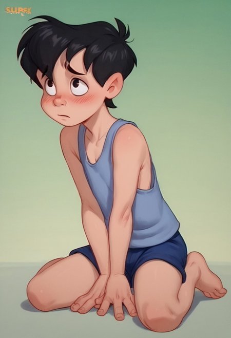 score_9, score_8_up, score_7_up, score_6_up, 1boy, solo, male, Neddiehugson, 1boy, solo,  black hair, short hair, black eyes, thin body, thin face, short stature, cute boy, blushing, shy, tank top, shorts, barefoot, sitting down, legs spread leaning forward, hands between legs