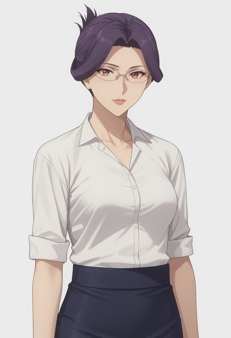 score_9, score_8_up, score_7_up, source_anime, white white background, looking at viewer,   BREAK, 1girl, solo,   <lora:DX888YumikaRaiha:1>, tsuge raiha, purple hair, folded ponytail, mature female, red eyes, white shirt, glasses,  pencil skirt,