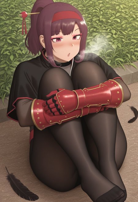 ryokuchamichi, outdoors, undershirt, falling feathers, black bodysuit, hair stick, hugging own legs, , gauntlets, eyeshadow, red gloves, high ponytail, , black capelet, red hairband, pink eyes, 1girl, solo, feet, visible breath, dynamic angle, foreshortening, smell, steam,