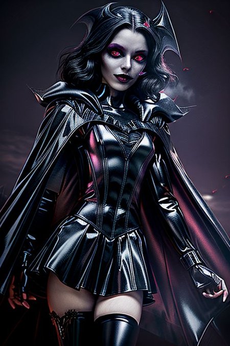 MEvil, EvlSM, Bad_End_Precure, DarkPrecure, adult, evil corrupted princess wearing dark pastel (ruffled:1) (gleaming latex:1) (sailor senshi uniform) with (long latex vampire cloak:1.5) and latex gauntlets, soft lighting, ruffles,
( long legs, crescent, crescent facial mark, makeup, lipstick, mascara, eyeshadow),
(red eyes, colored skin, glowing eyes, evil smile),
<lora:more_details:0.5>,
<lora:midjourney style:0.6>