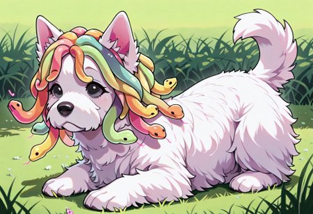 masterpiece, best quality, amazing quality, very aesthetic, absurdres,  amazing detail, intricate detail, fluffy Scottish terrier, w3st13, black eyes, white fur, dog, animal focus, snake_hair all over the body, gummy worm hair, gradient hair, sugar, multicolored hair, in a back yard grass lawn, ral-fluff