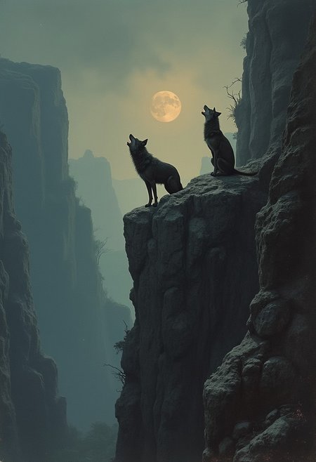 The vrlk and the she-wolf, driven to the top of the mountain, make their last howl before jumping into the abyss. Ideal body anatomy. Beautiful face and look. The disturbing and grotesque world of Stephen Gummel. Style by Andrew Wyeth “Scary Stories Told in the Dark.