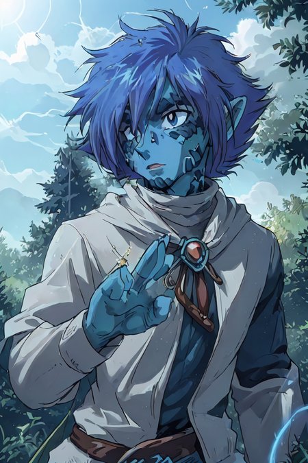 (masterpiece), 2D animation, 90s anime style, detailed face, expressive eyes,
1man, looks like Zelgadis, has blue skin,
focused expression, casting spell, detailed hands, swirling magic, 
detailed background, vibrant magical forest, cinematic lighting, daytime, sunshine,
(cowboy shot:1.2), 
<lora:Zelgadis001:0.8> zelgadis, blue skin
<lora:muscle_slider_v1:-1>, <lora:weight_slider_v2:-1>
 <lora:Concept - Cryomancer:0.4>