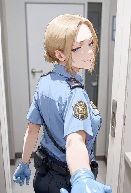 masterpiece, best quality, amazing quality, absurdres, 

0c_tsa,n0rtas, 1girl, solo, blonde hair, single hair bun, low hair bun, blue eyes, parted lips, medium breasts, police uniform, policewoman, blue shirt, collared shirt, epaulette, badge, name tag, blue gloves, rubber gloves, black pants, belt, pouch,

 , 1boy, pov, holding hand, look back, smug, smirk, open door, room, blurry background, depth_of_field, focus, from behind, back view, 