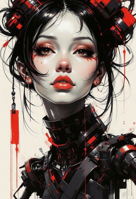 portrait of an oriental female cyberpunk robo-geisha,  pale face, red lips, hair ornaments, robotic cyborg wires, robot joints, glowing circuitry, glancing at viewer, chiascuro, silhouetted, closeup of face